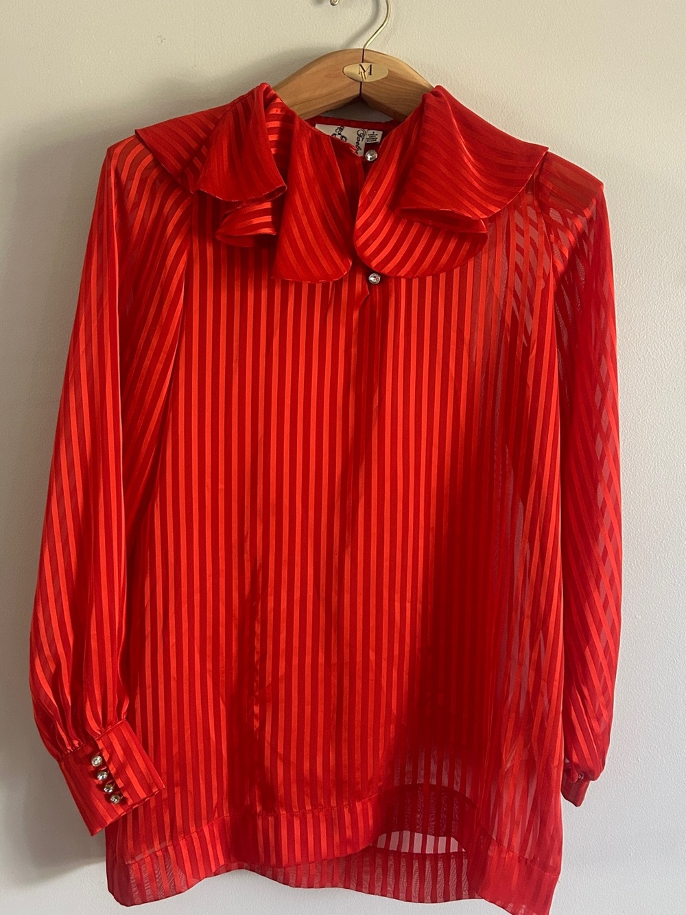 Twelve by Twelve Red Sheer Stripe Ruffle Collar Blouse Small